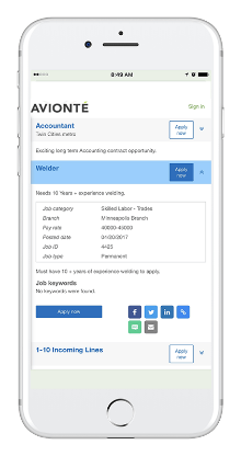 Avionté Job Board Module showing available job postings and integrated social media.