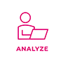 Pink person at laptop logo that says "analyze"