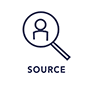 Grey person in magnifying glass "source" logo
