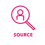 Pink person in magnifying glass "source" logo