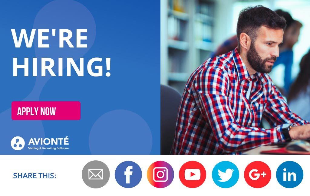 Graphic of a social media post that says, "We're Hiring" with social media icons