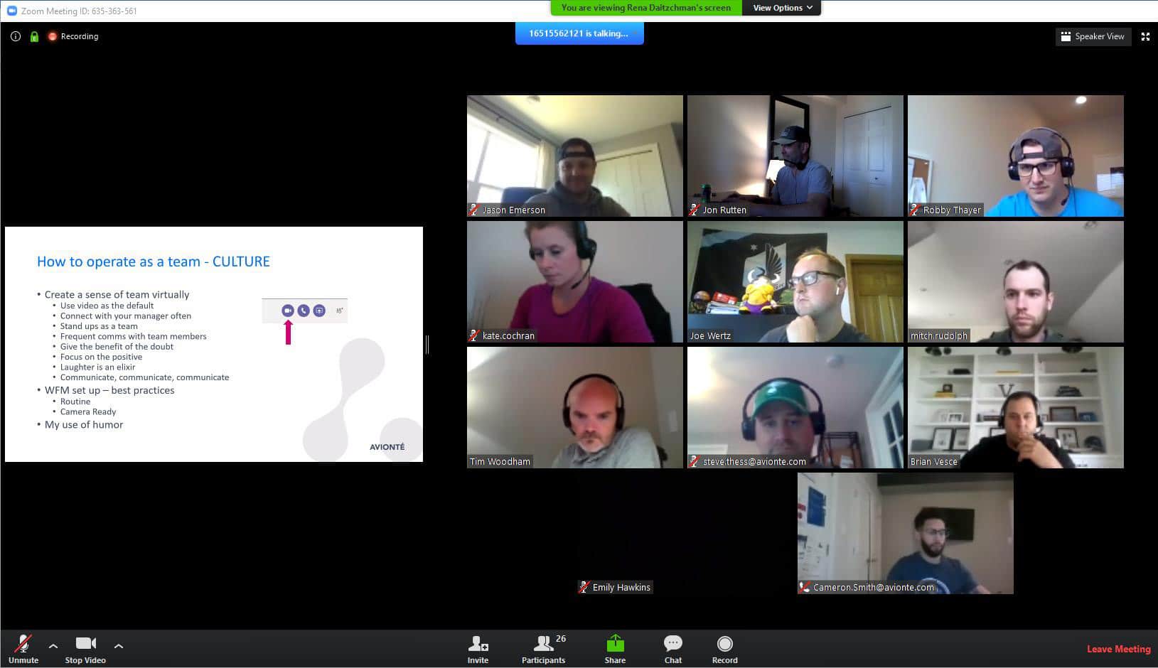 Screenshot of a virtual team meeting with live video of teammates positioned brady bunch style